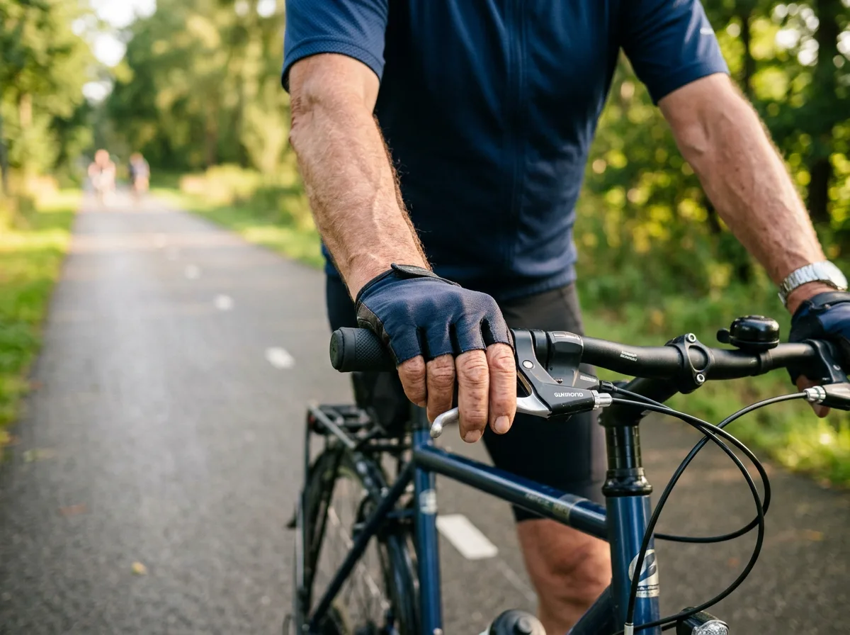 Anonieme man op de fiets, dagelijkse welzijnsroutine mannen actieve leefstijl boven de 50